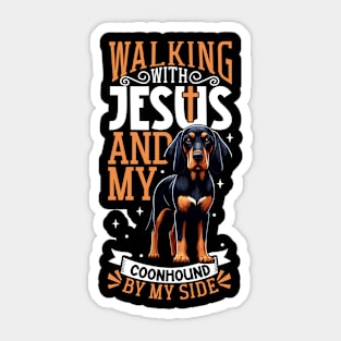 Jesus and dog - Black and Tan Coonhound Sticker